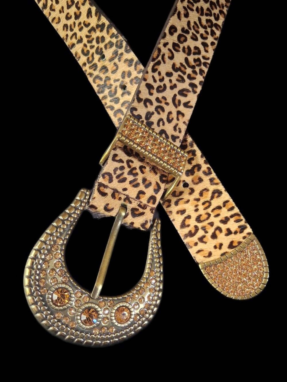 Chico's Leopard Print Genuine Leather Belt Rhinestone Western Bling Size M